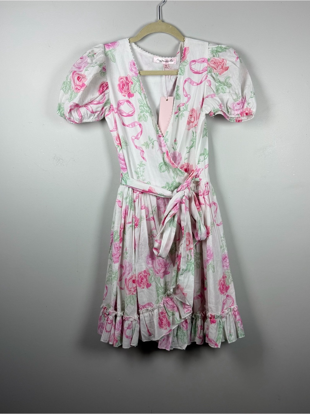 New Amy Jane London Pink Floral Bow Mini Wrap Cotton Dress Coquette Whimsy Small